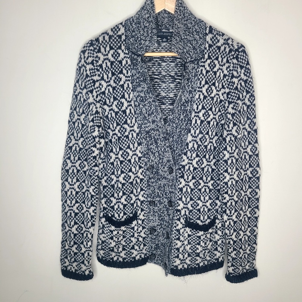 BANANA REPUBLIC Italian Yarn Alpaca Wool Blend Black Cream Knit Cardigan Cozy M